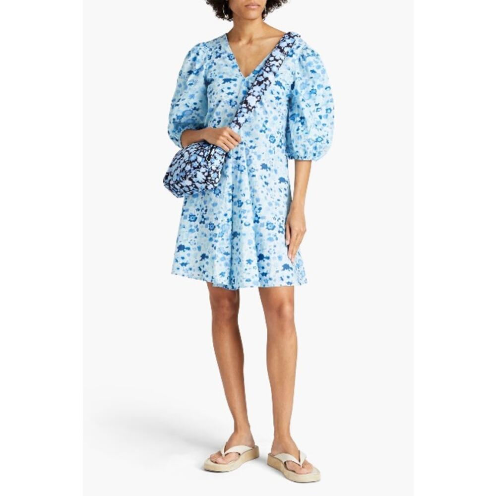 GANNI Printed Cotton Poplin Mini Dress Blue Floral Size EU 36/US 4/Small